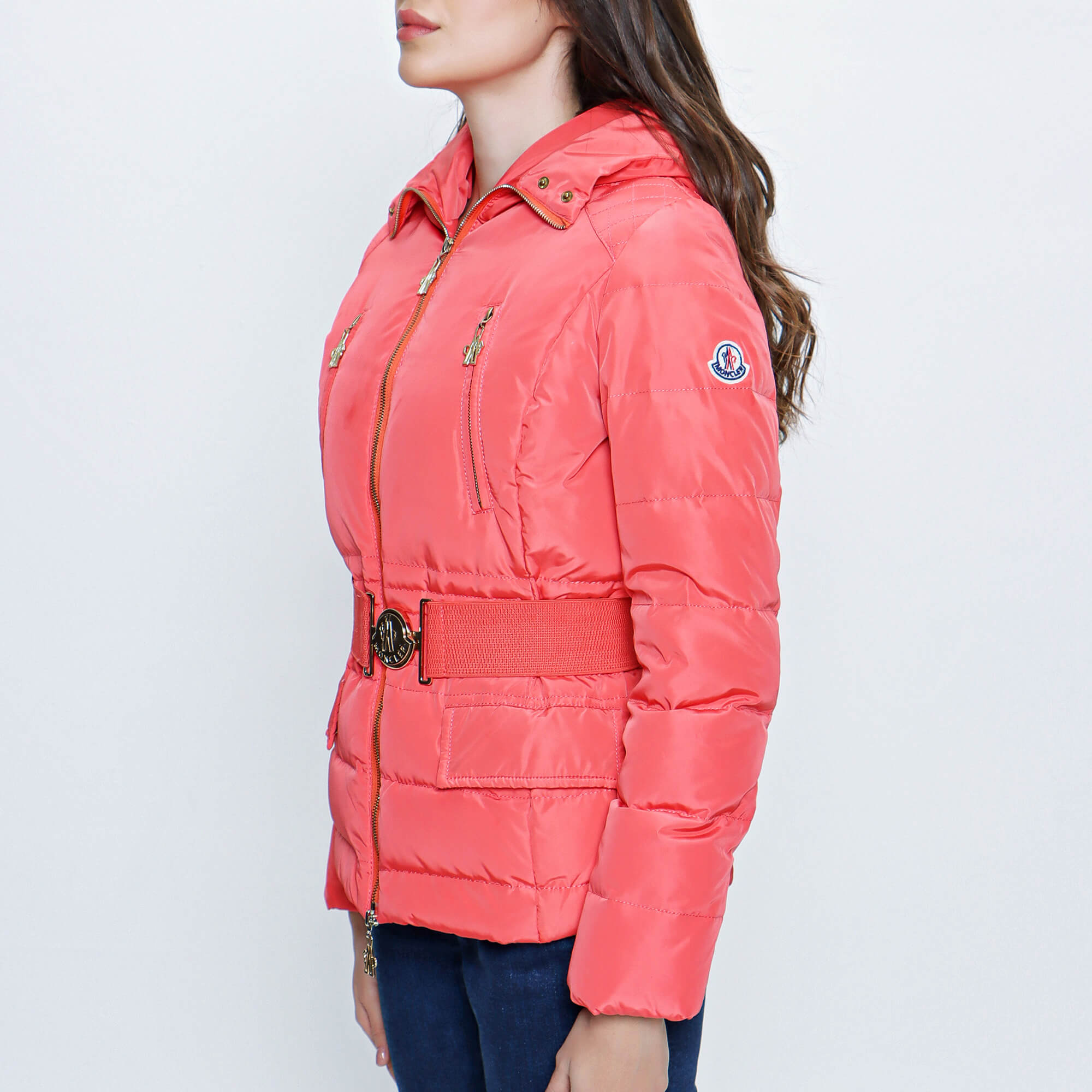 Moncler - Red Logo Buckle Belt Hooded Down Jacket 